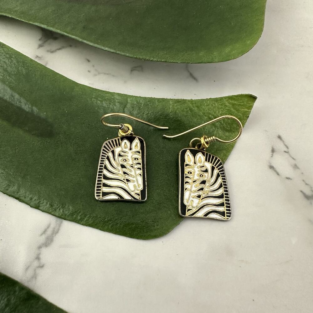 Laurel Burch Vintage 90s Zebra Mare Dangle Earrings Gold Black Stripe Novelty